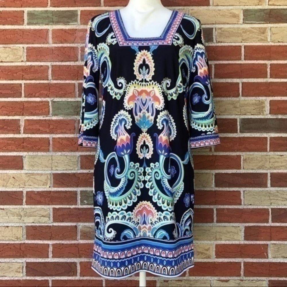 Laundry by Shelli Segal Square Neck Blue Multicolor Shift Dress 👗